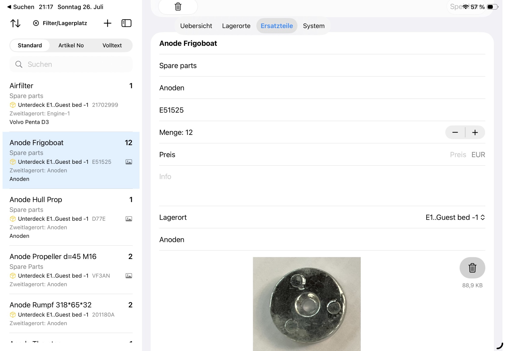 BoatStorage spare-parts management with details, stock and storage location